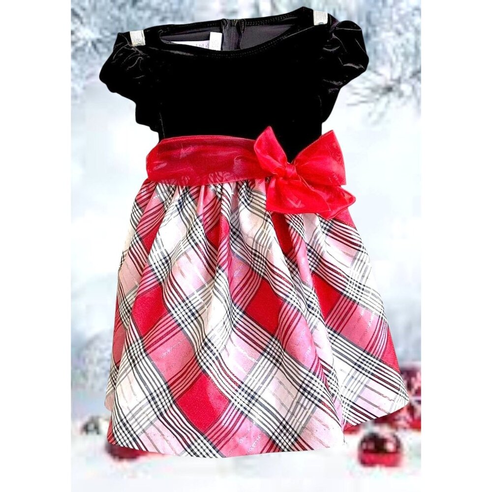 Bonnie Jean Velour Red Plaid Dress Toddler Girl 3T Christmas Bows Valentine EUC